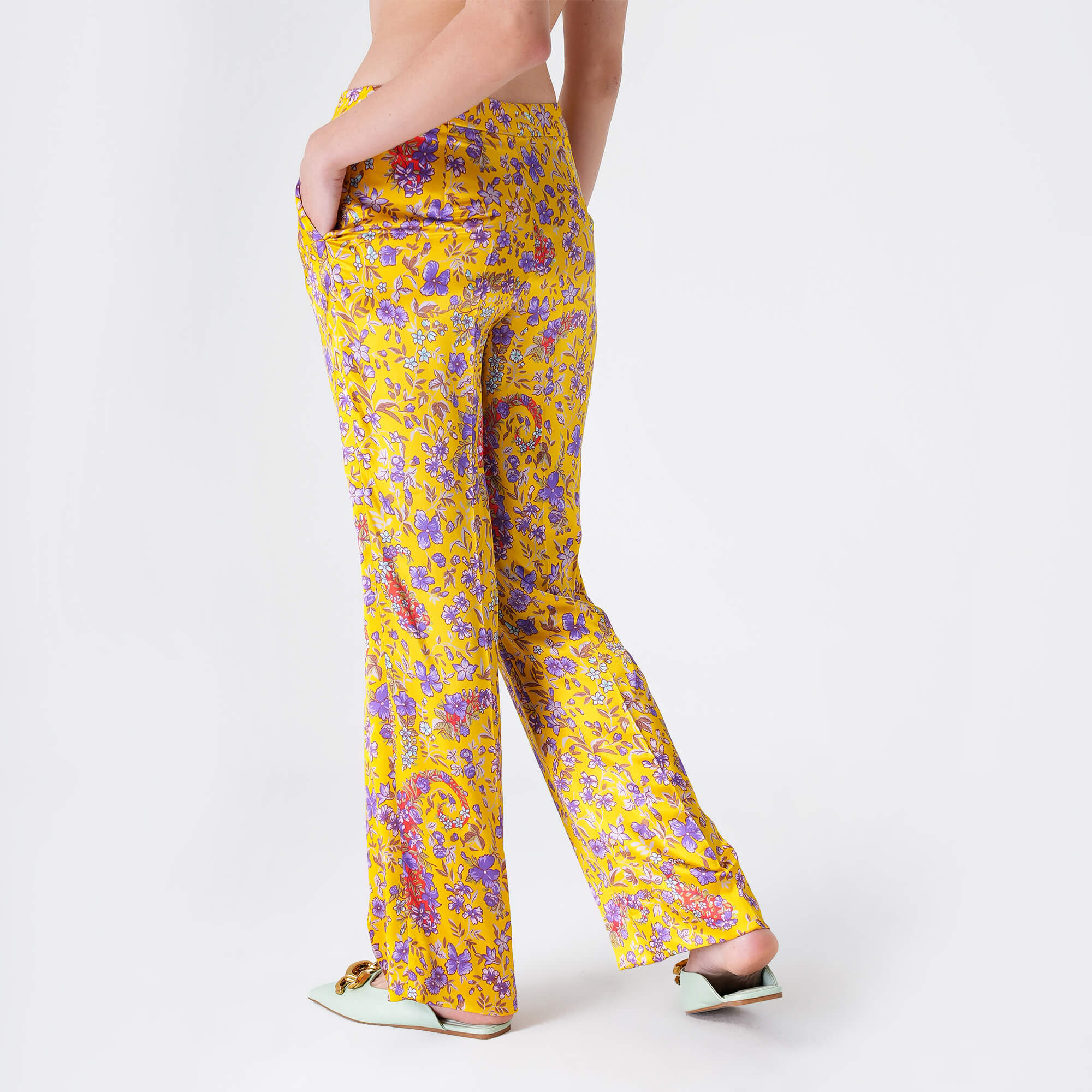 Etro - Yellow&Lilac Floral Print Viscose Flare High Waist Pants